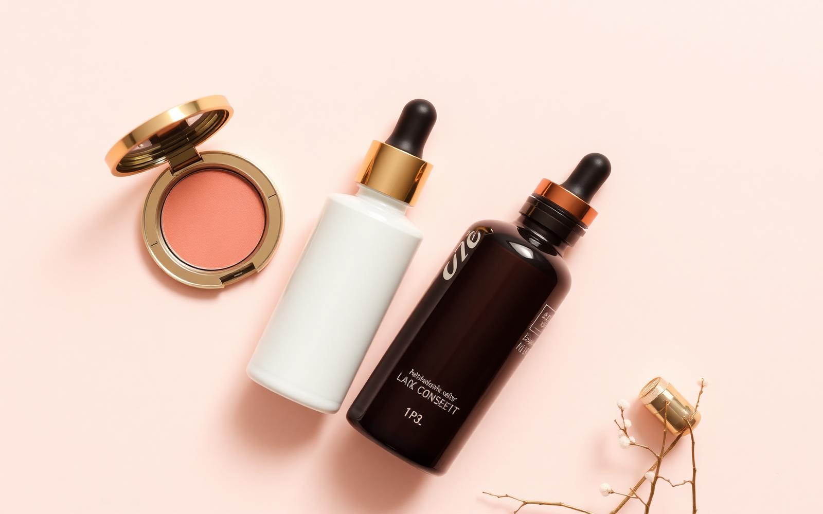 Cosméticos de luxo em fundo rosa claro com detalhes dourados